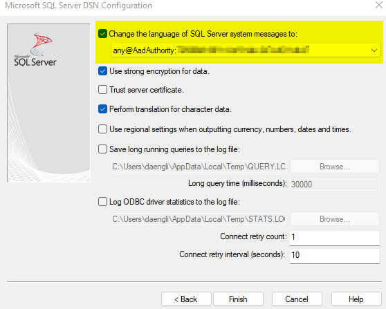 System DSN Configuration Language screenshot