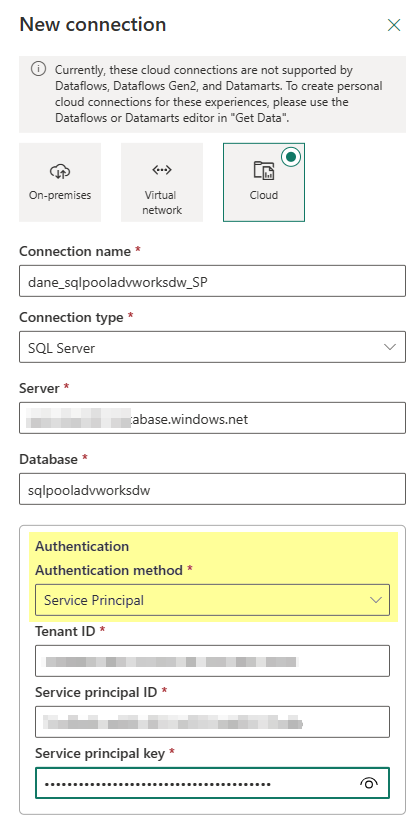 configuration screenshot of the cloud connection for sql server using service principal.